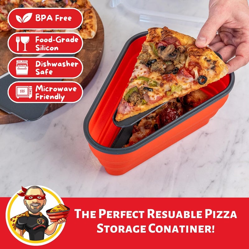 PIZZA PACK حاوية تخزين البيتزا القابلة لإعادة الاستخدام المثالية مع 5 صواني تقديم قابلة للاستخدام في الميكروويف - حاوية شريحة بيتزا قابلة للتعديل خالية من BPA لتنظيم وتوفير المساحة، 3 عبوات، حمراء - Image 2